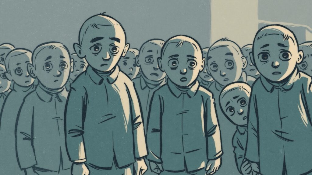 Kadr z filmu anonimowanego przedstawiający smutnych i przestraszonych więźniów.