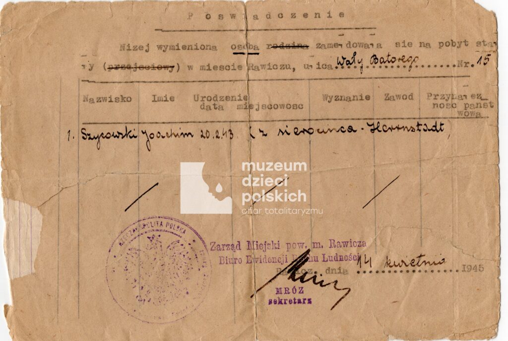 Zaświadczenie dotyczące zameldowania Jana Szycowskiego po adopcji (zbiory prywatne)