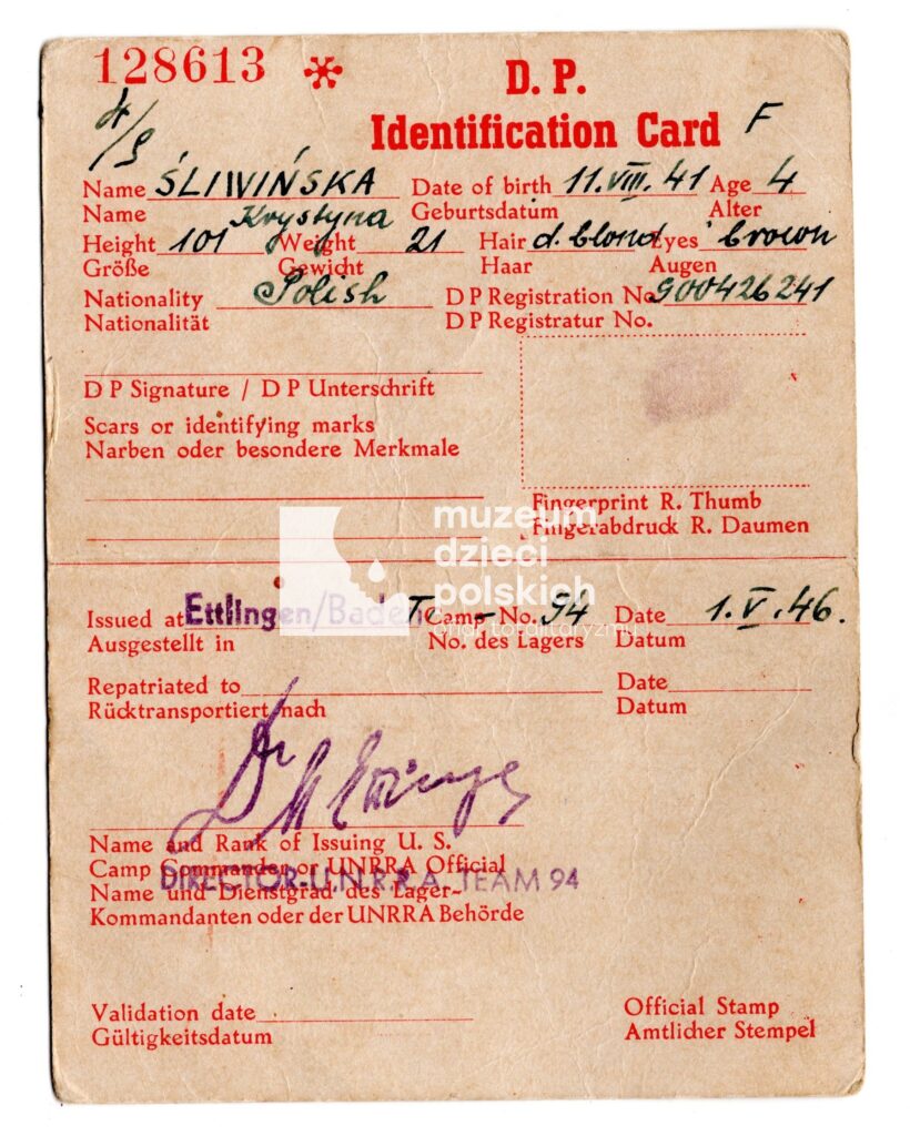 Karta identyfikacyjna Krystyny Śliwińskiej z DP- Ettlingen (zbiory prywatne Krystyny Śliwińskiej)